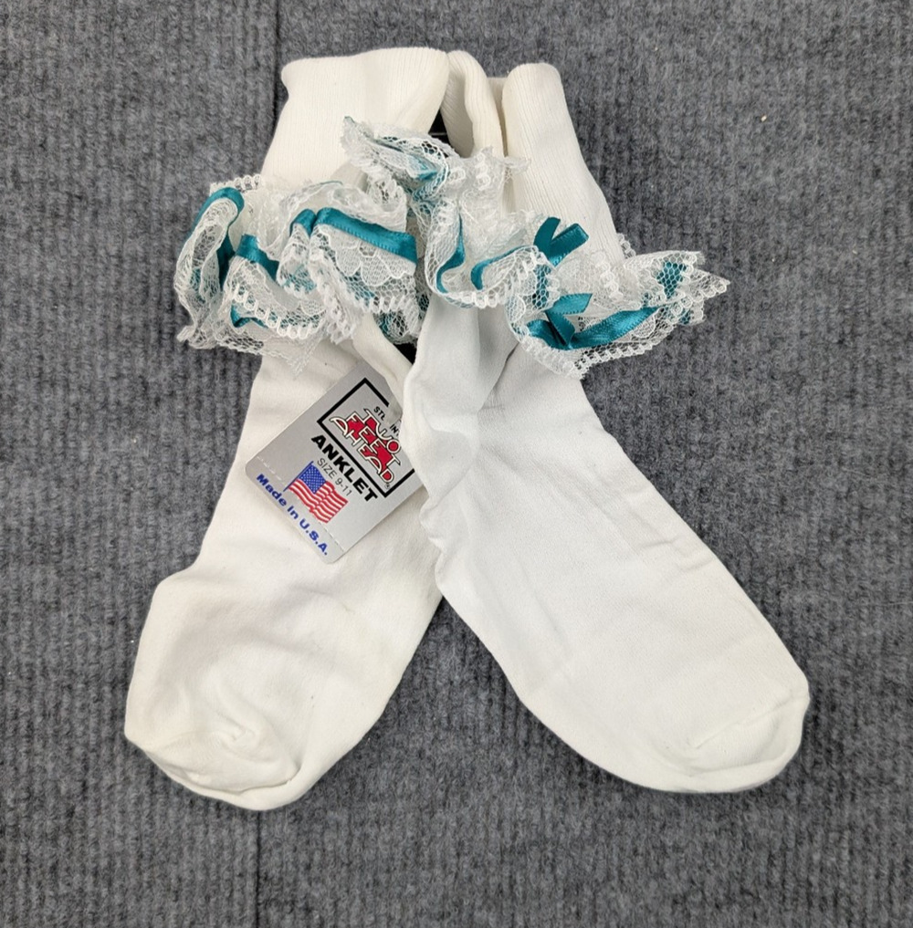 Vintage Lace Ruffle Socks Womens 9-11 Nylon Coquette White Teal Frilly Retro 60s